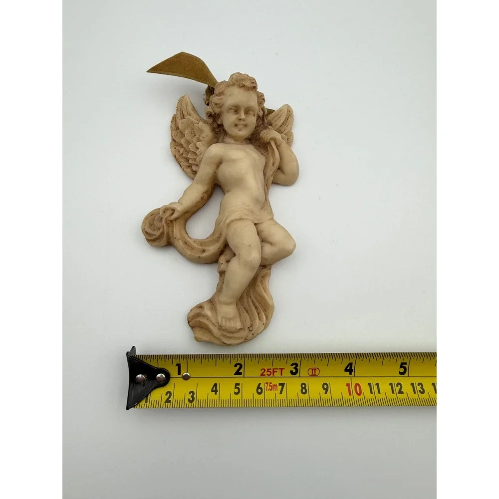 Vintage Cherub Angel Ornaments Set of 2 Ivory Faux Stone Resin Christmas Decor